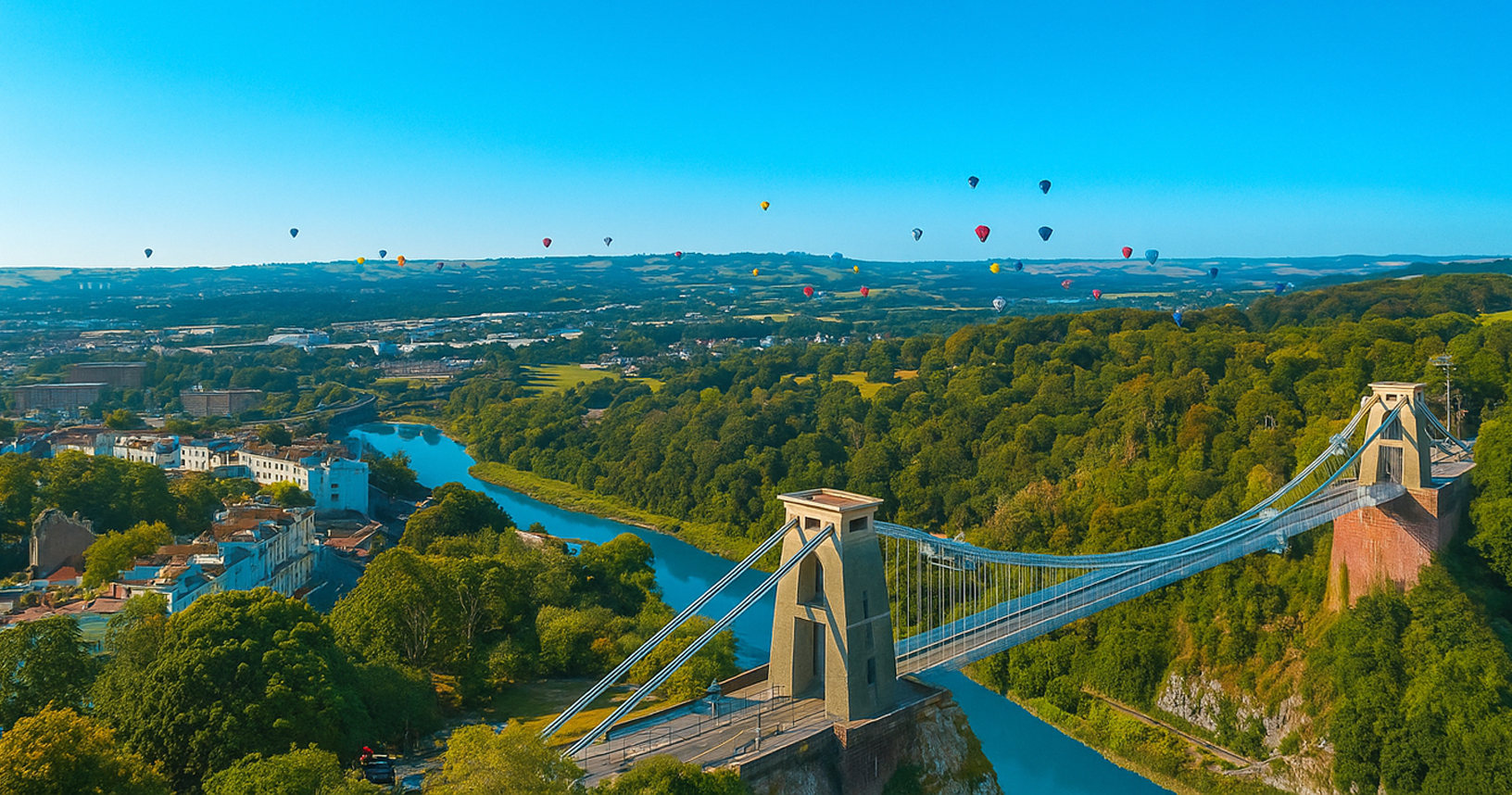 Clifton Suspension Bridge in Bristol with colorful hot air balloons floating in a clear blue sky